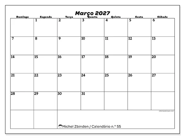 Calendário de março de 2027 para imprimir - Organização do lazer - Semana de domingo a sábado