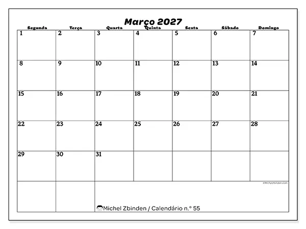 Calendário de março de 2027 para imprimir - Organização do lazer