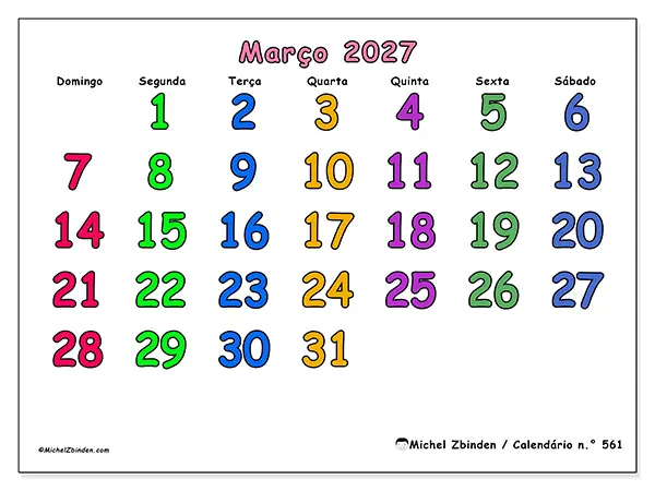 Calendário de março de 2027 para imprimir - Momentos criativos - Semana de domingo a sábado