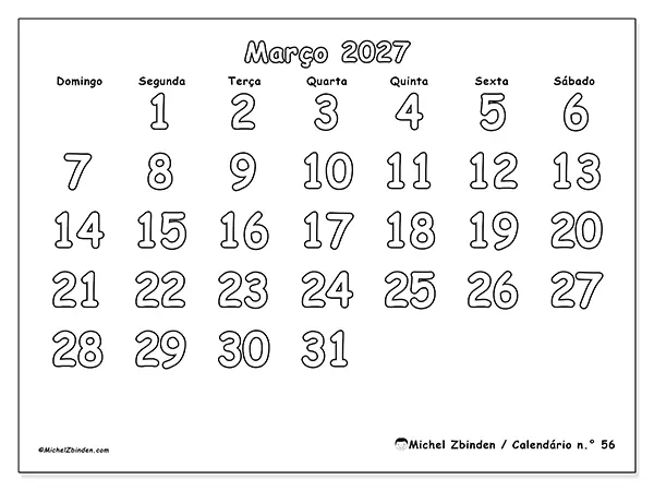 Calendário de março de 2027 para imprimir - Colorir útil - Semana de domingo a sábado