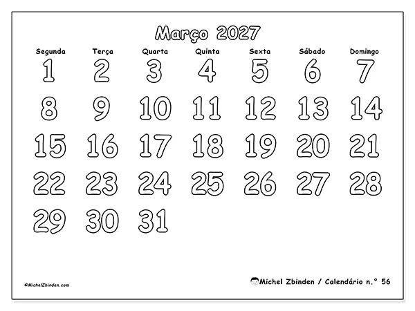 Calendário de março de 2027 para imprimir - Colorir útil