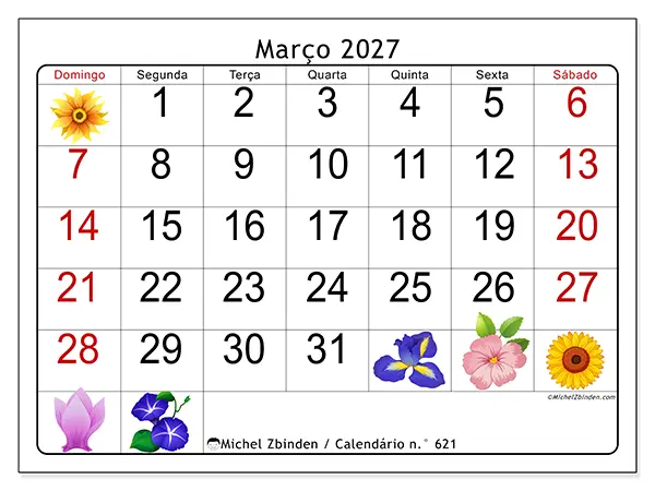 Calendário de março de 2027 para imprimir - Flores grandes - Semana de domingo a sábado