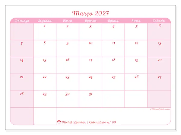 Calendário de março de 2027 para imprimir - Organização suave - Semana de domingo a sábado