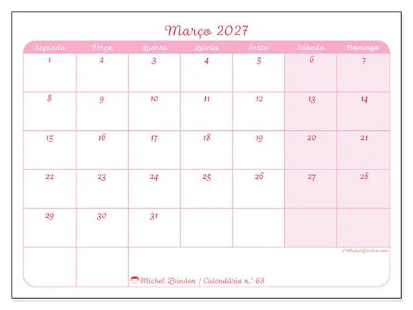 Calendário de março de 2027 para imprimir - Organização suave