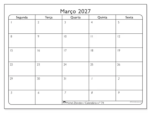 Calendário de março de 2027 para imprimir - Organização do trabalho