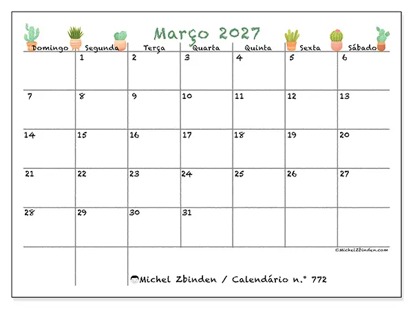 Calendário de março de 2027 para imprimir - Cactos decorativos - Semana de domingo a sábado
