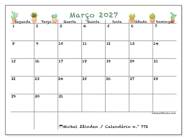 Calendário de março de 2027 para imprimir - Cactos decorativos