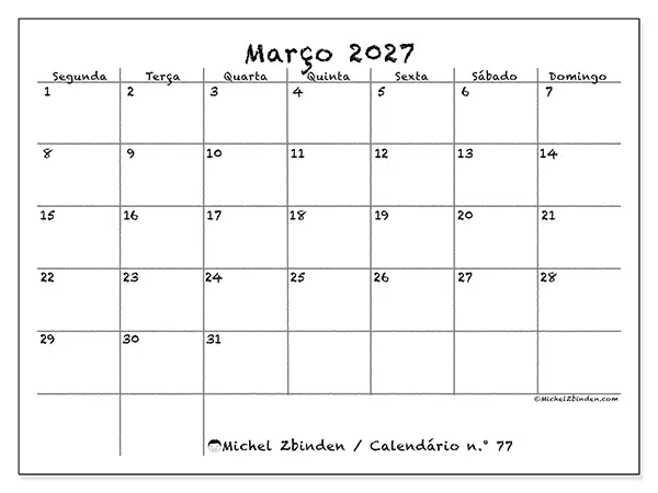 Calendário de março de 2027 para imprimir - Escola e família