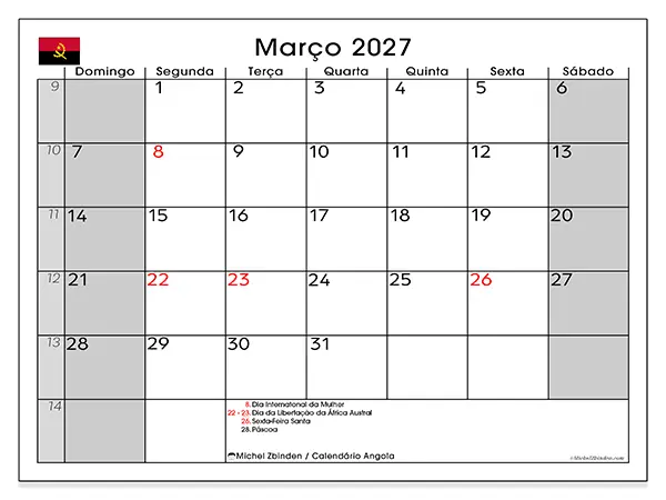 Calendário de março de 2027 para imprimir - Angola
