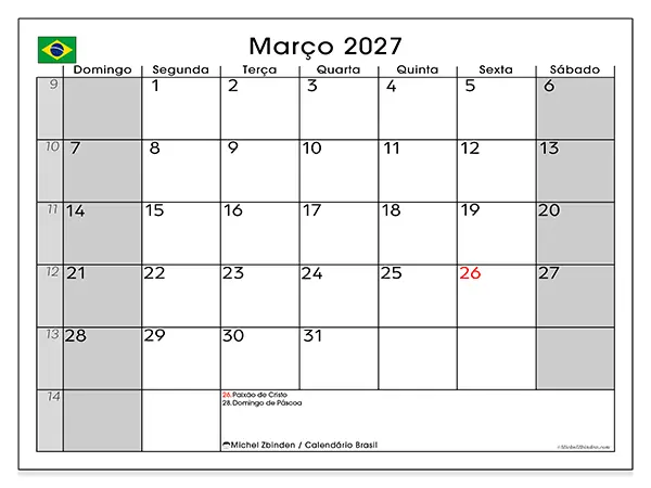 Calendário de março de 2027 para imprimir - Brasil