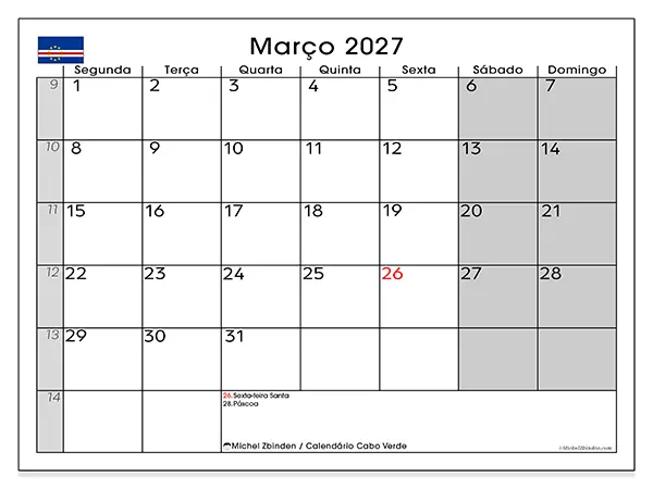Calendário de março de 2027 para imprimir - Cabo Verde