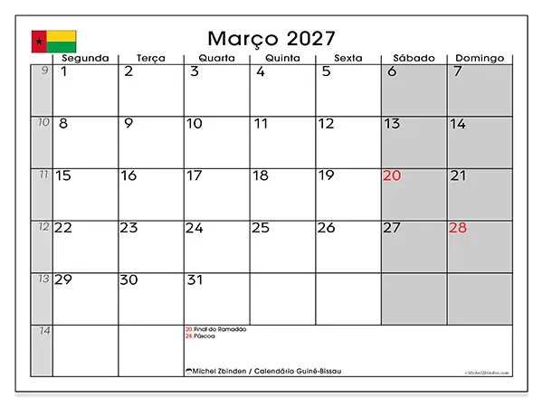 Calendário de março de 2027 para imprimir - Guiné-Bissau