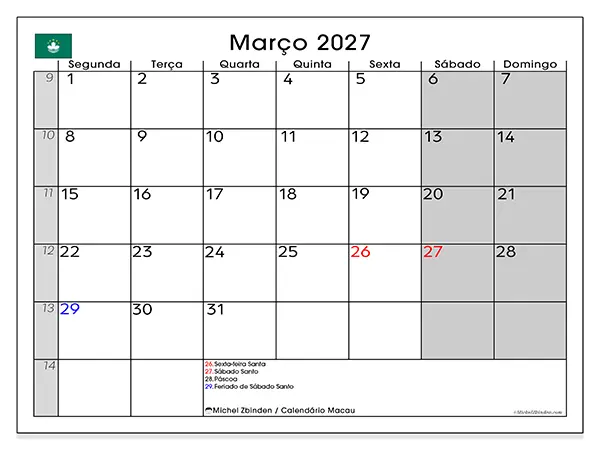 Calendário de março de 2027 para imprimir - Macau