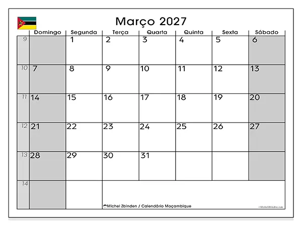 Calendário de março de 2027 para imprimir - Moçambique
