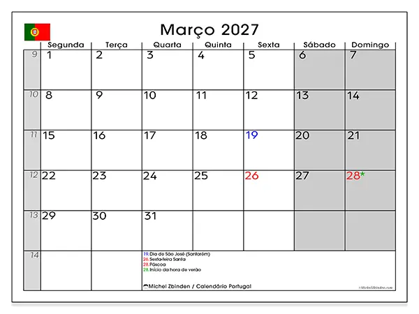 Calendário de março de 2027 para imprimir - Portugal