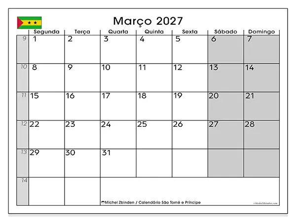 Calendário de março de 2027 para imprimir - São Tomé e Príncipe