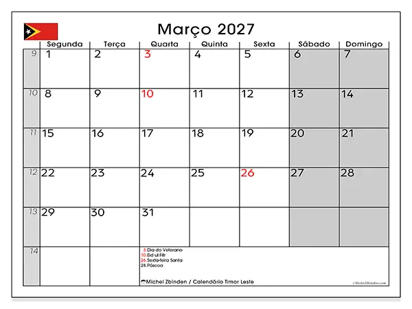 Calendário de março de 2027 para imprimir - Timor Leste