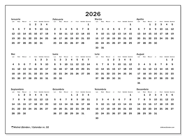 Calendar anual 2026 de tipărit - Vedere pe an