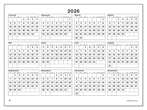 Calendar anual 2026 de tipărit - Vacanțe și timp liber