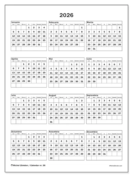 Calendar anual 2026 de tipărit - Sărbători de familie