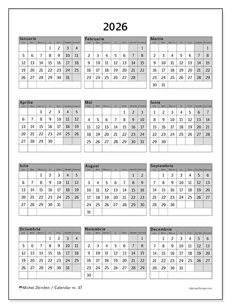 Calendar anual 2026 de tipărit - Sobru și profesional