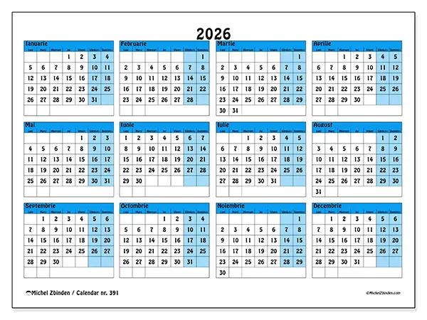 Calendar anual 2026 de tipărit - Tonuri albastre