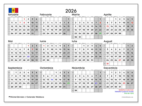 Calendar anual 2026 de tipărit - Moldova