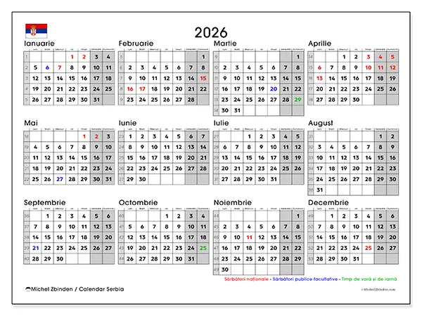 Calendar anual 2026 de tipărit - Serbia
