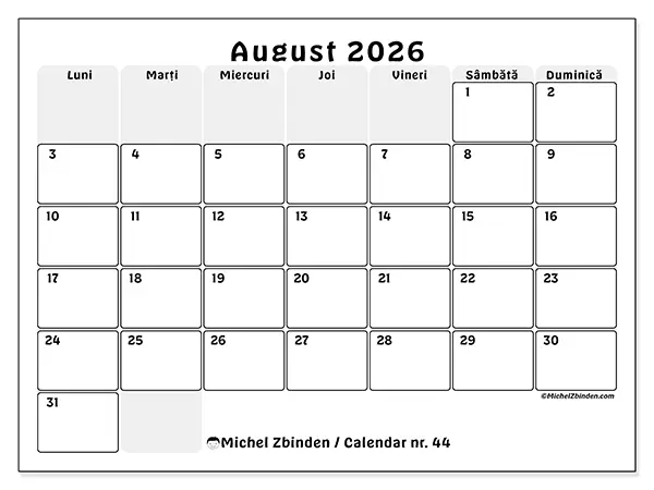 Calendar august 2026 de tipărit