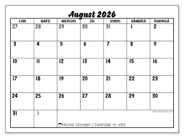 Calendar august 2026 de tipărit - Model detaliat