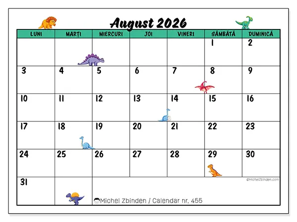 Calendar august 2026 de tipărit - Dinozauri mici
