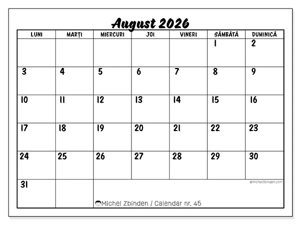 Calendar august 2026 de tipărit - Succes școlar