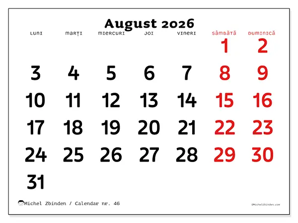 Calendar august 2026 de tipărit - Viziune clară