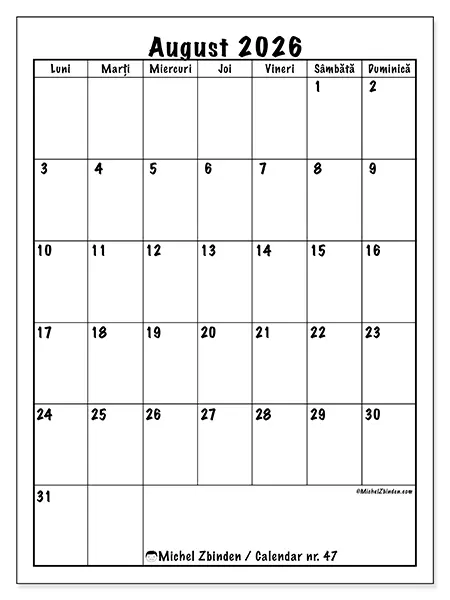 Calendar august 2026 de tipărit - Planificare clară