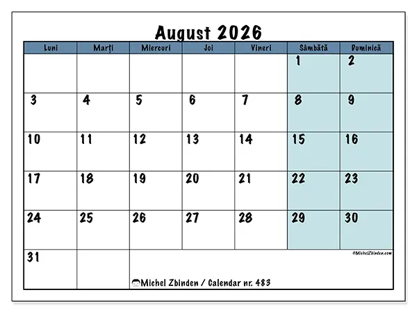 Calendar august 2026 de tipărit - Structură pentru școală