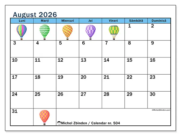 Calendar august 2026 de tipărit - Baloane cu aer cald