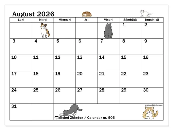 Calendar august 2026 de tipărit - Viață de pisică
