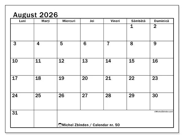 Calendar august 2026 de tipărit - Lună clară