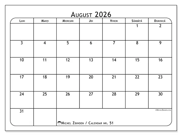 Calendar august 2026 de tipărit - Planificator de mese