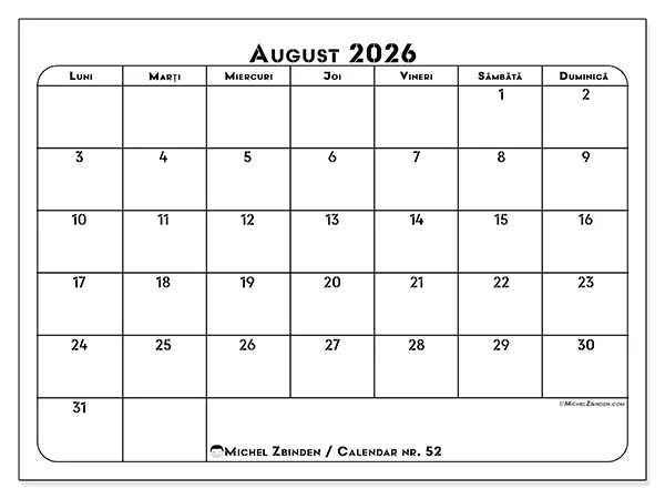 Calendar august 2026 de tipărit - Plan de lucru
