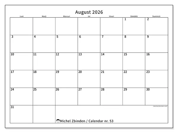 Calendar august 2026 de tipărit - Program clar