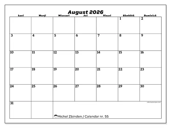Calendar august 2026 de tipărit - Timp liber