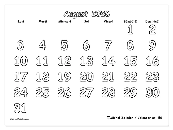 Calendar august 2026 de tipărit - Colorat util
