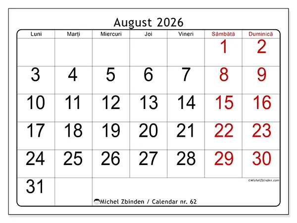 Calendar august 2026 de tipărit - Vedere rapidă