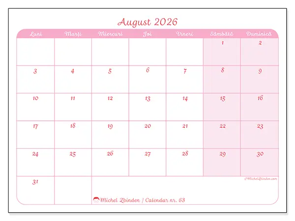 Calendar august 2026 de tipărit - Aspect calm