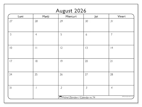 Calendar august 2026 de tipărit - Zile lucrătoare