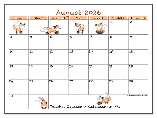 Calendar august 2026 de tipărit - Desene cu vulpi