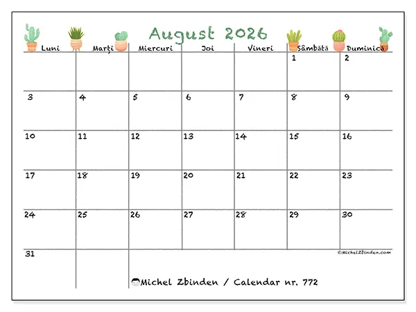 Calendar august 2026 de tipărit - Cactuși decorativi