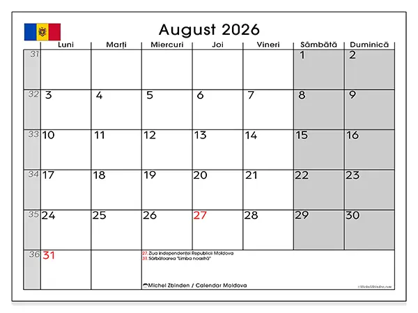 Calendar august 2026 de tipărit - Moldova