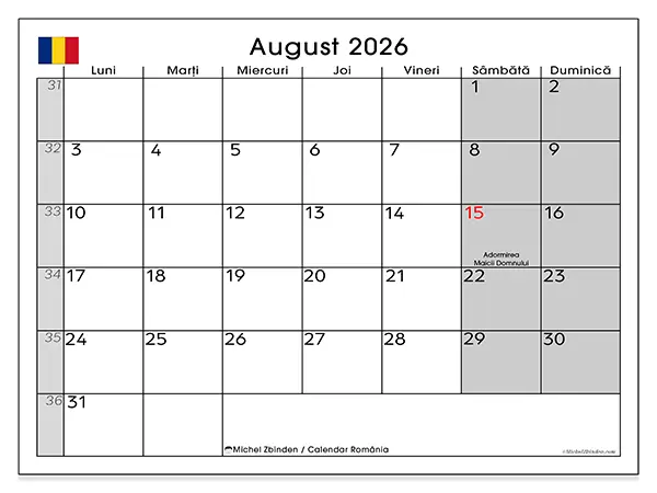 Calendar august 2026 de tipărit - România